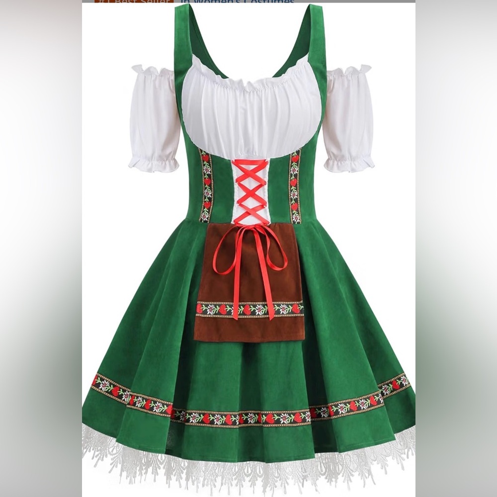 Green Dirndl Mini Dress with White Blouse and Brown Apron
